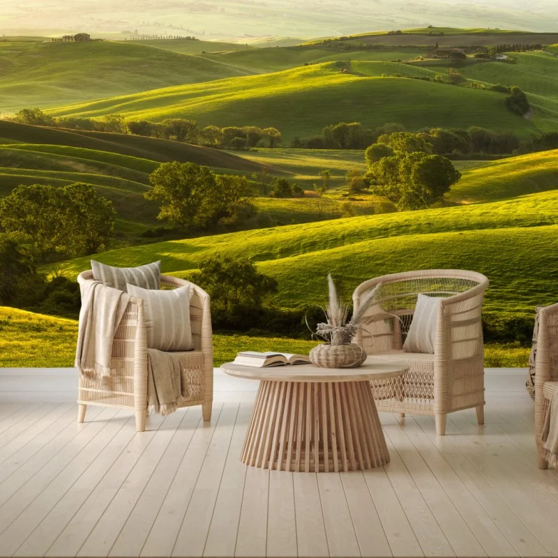 Wall mural sunlit rolling green hills