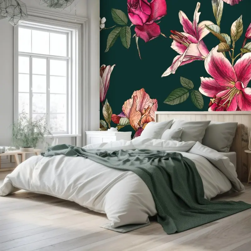 Wall mural vintage botanical floral pattern on deep green