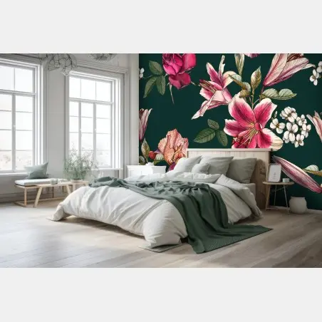Wall mural vintage botanical floral pattern on deep green • Wallissimo®