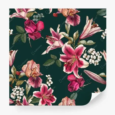 Wall mural vintage botanical floral pattern on deep green • Wallissimo®