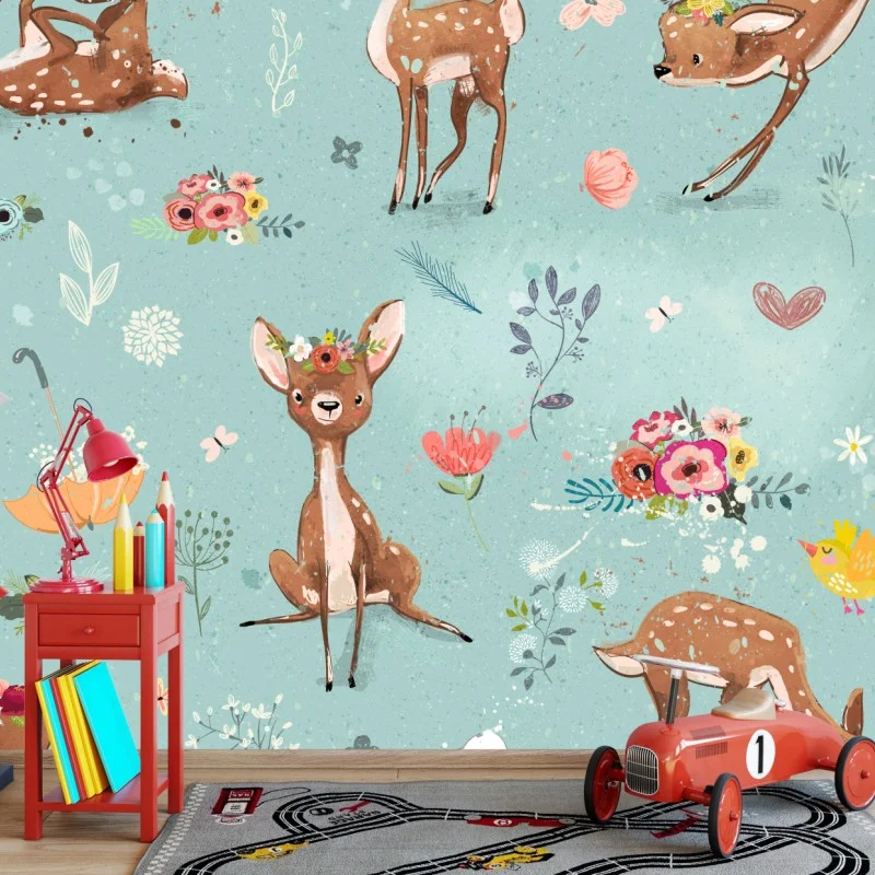 Wall mural woodland fawns and bunnies pastel pattern
