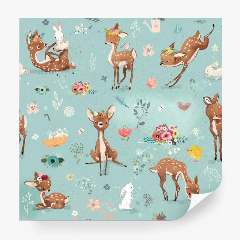 Wall mural woodland fawns and bunnies pastel pattern