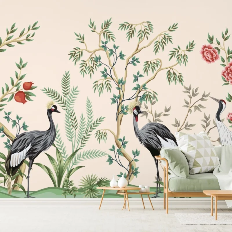 Wall mural serene crane garden illustration
