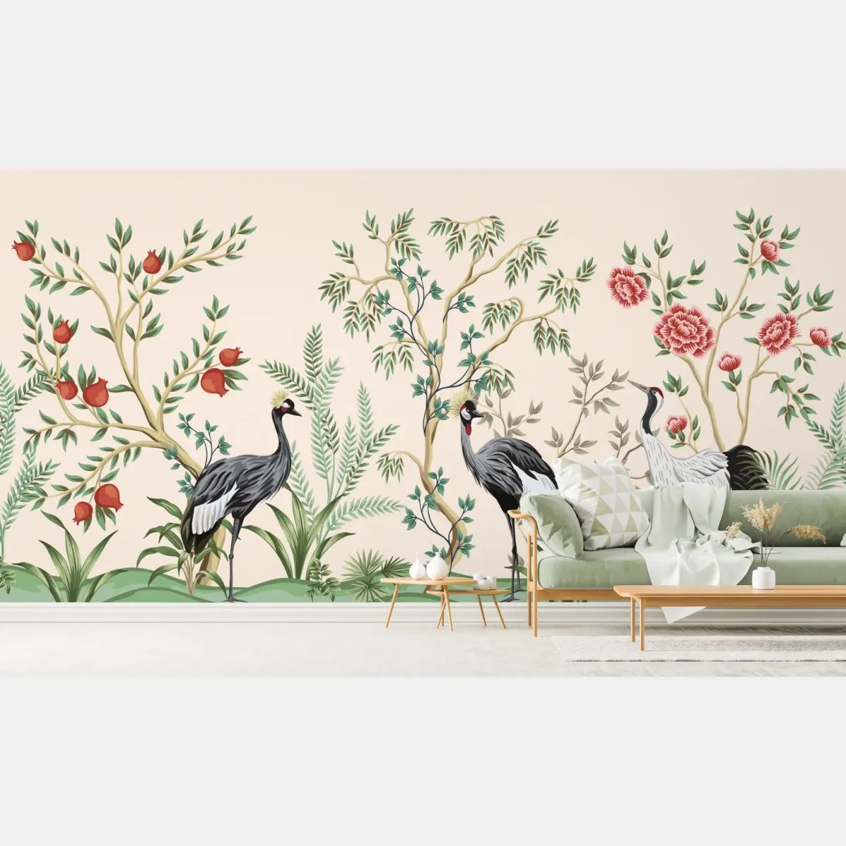 Wall mural serene crane garden illustration • Wallissimo®