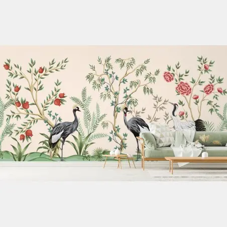 Wall mural serene crane garden illustration • Wallissimo®