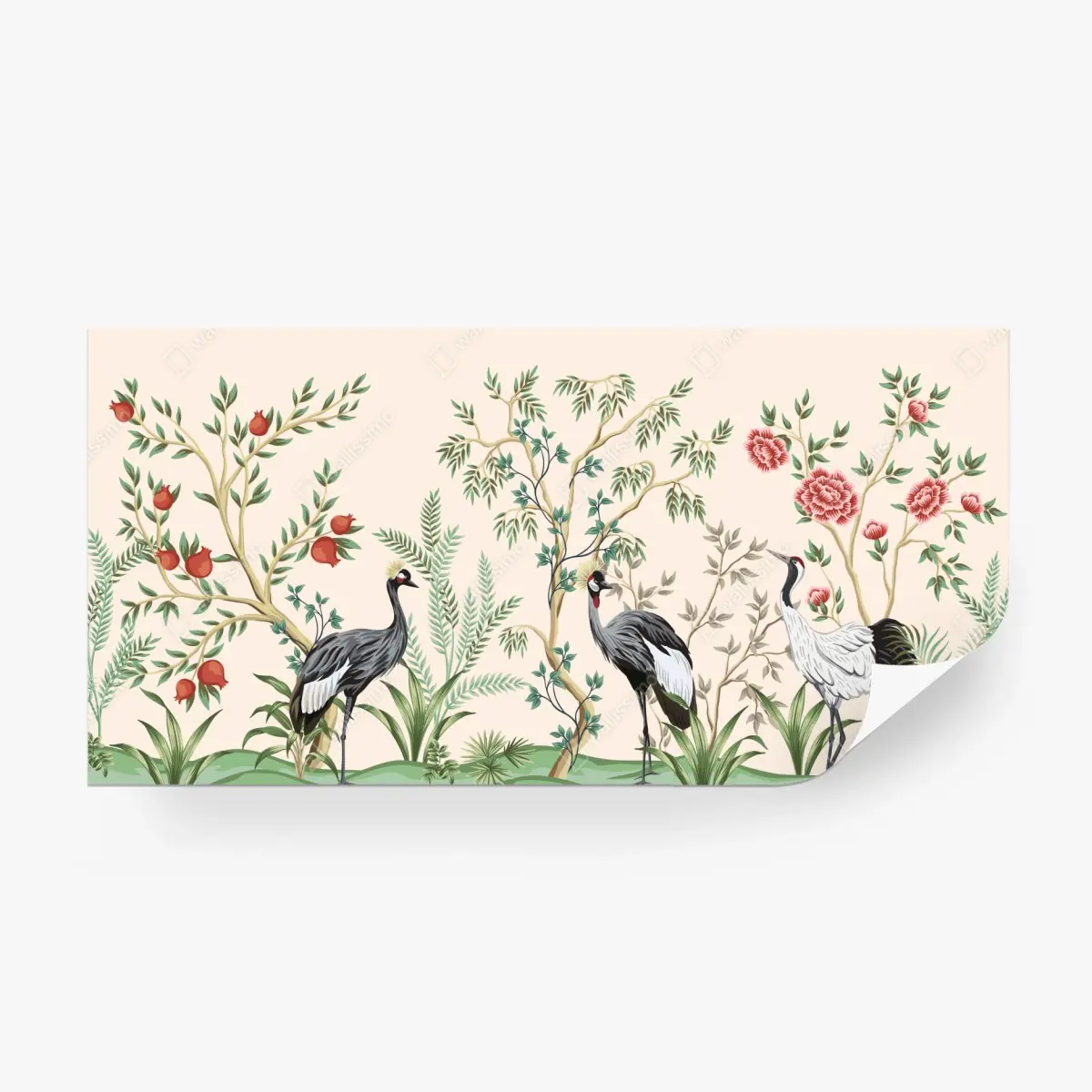 Wall mural serene crane garden illustration • Wallissimo®
