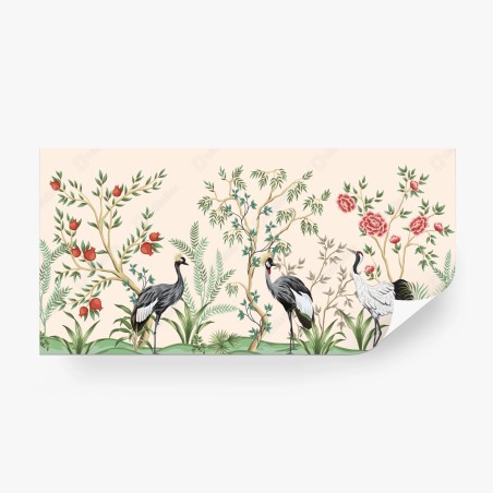 Wall mural serene crane garden illustration • Wallissimo®