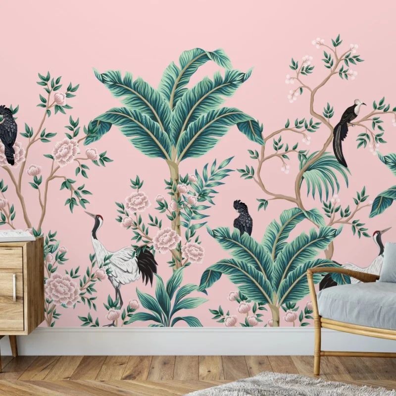 Wall mural pastel tropical botanical design with cranes