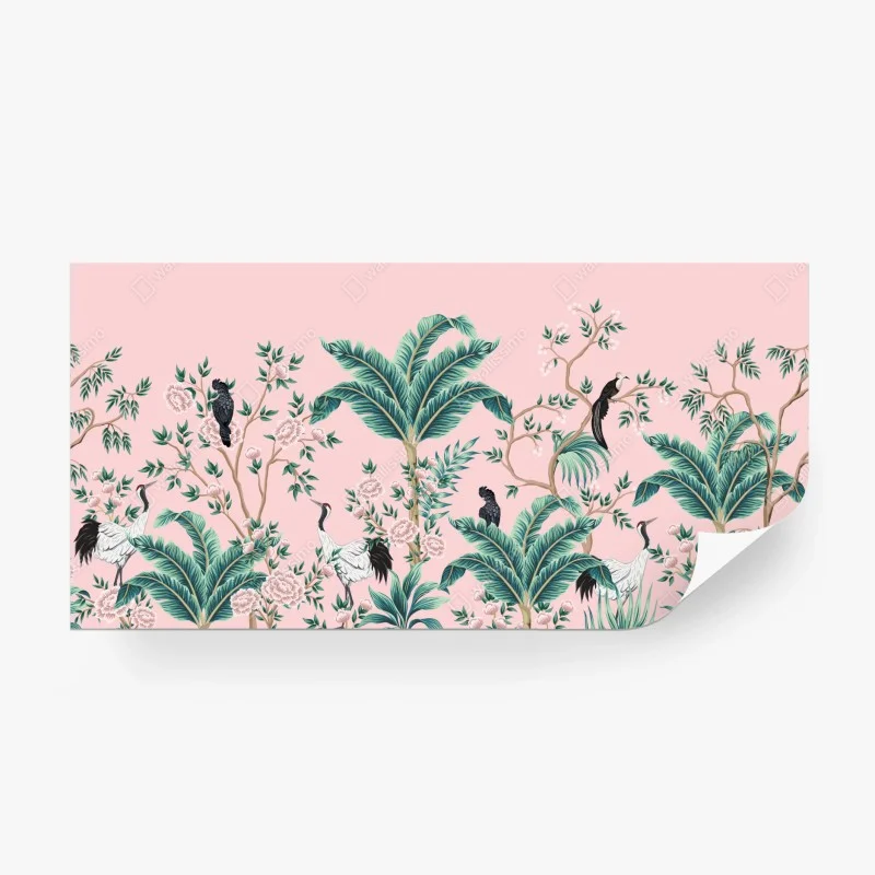 Wall mural pastel tropical botanical design with cranes