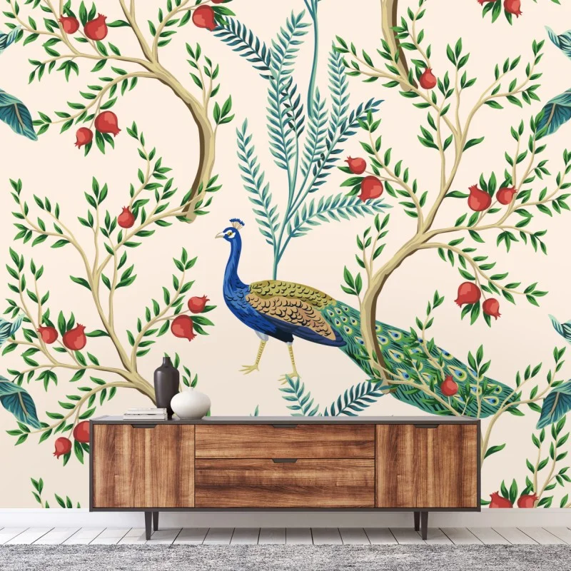Wall mural peacock among pomegranate branches