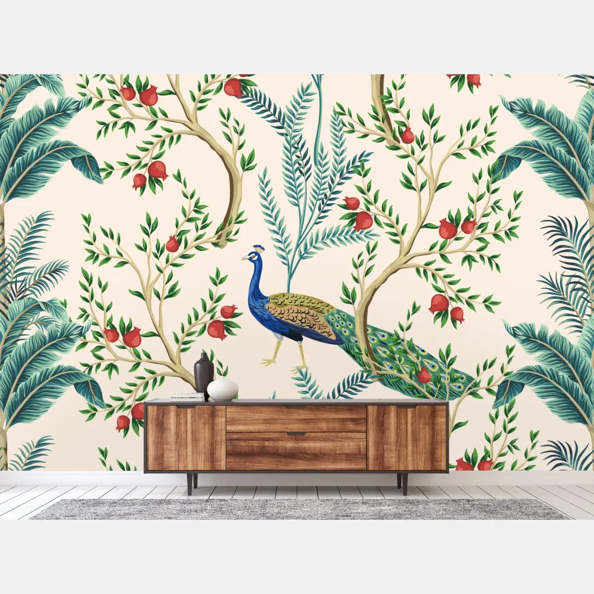 Wall mural peacock among pomegranate branches • Wallissimo®