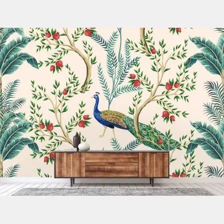 Wall mural peacock among pomegranate branches • Wallissimo®