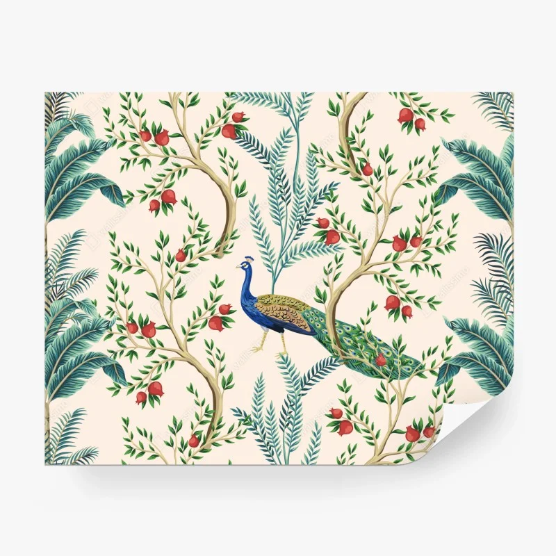 Wall mural peacock among pomegranate branches