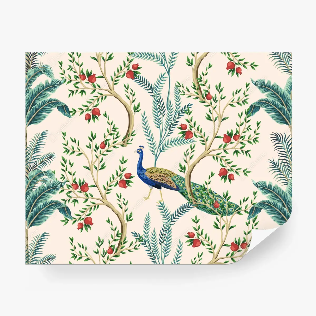 Wall mural peacock among pomegranate branches • Wallissimo®