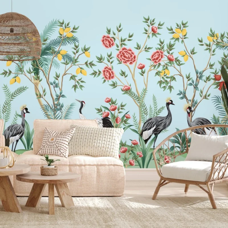 Wall mural elegant crane garden botanical artwork