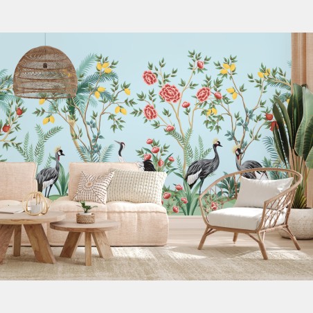 Wall mural elegant crane garden botanical artwork • Wallissimo®