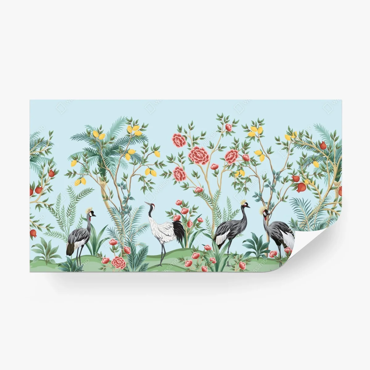 Wall mural elegant crane garden botanical artwork • Wallissimo® Wall mural elegant crane garden botanical artwork • Wallissimo®