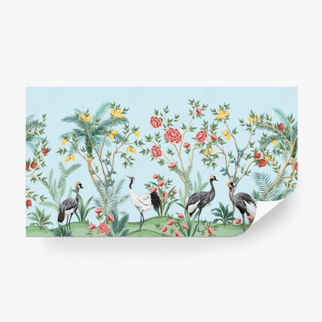 Wall mural elegant crane garden botanical artwork • Wallissimo®
