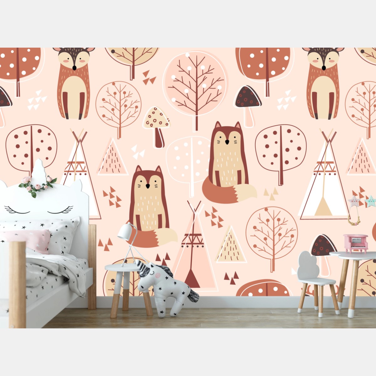 Wall mural woodland foxes nursery pattern • Wallissimo®