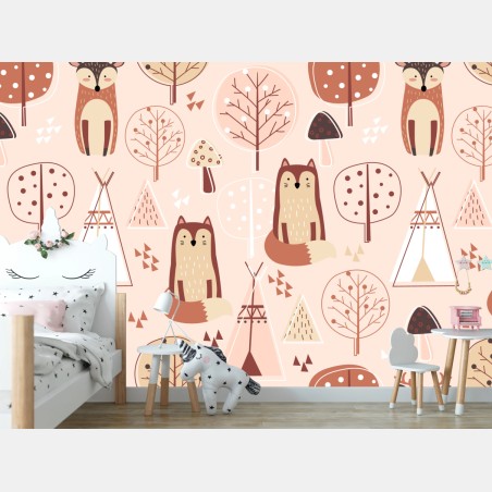 Wall mural woodland foxes nursery pattern • Wallissimo®