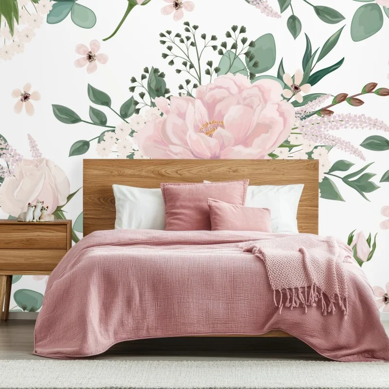 Wall mural soft pink peony floral pattern