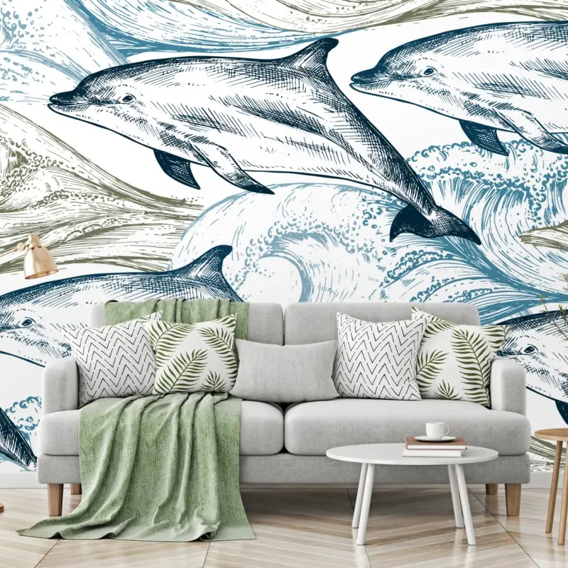 Wall mural vintage dolphins ocean illustration