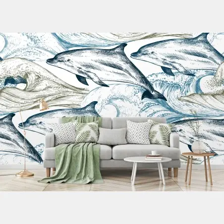 Wall mural vintage dolphins ocean illustration • Wallissimo®