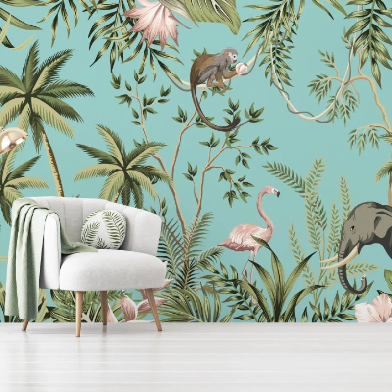 Wall mural tropical jungle scene with elephant and flamingo