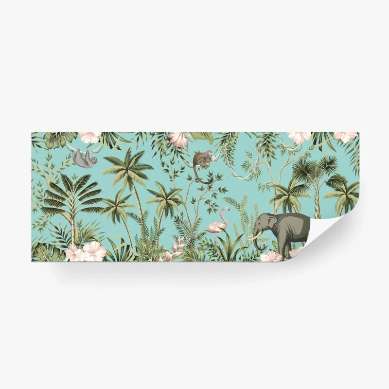 Wall mural tropical jungle scene with elephant and flamingo