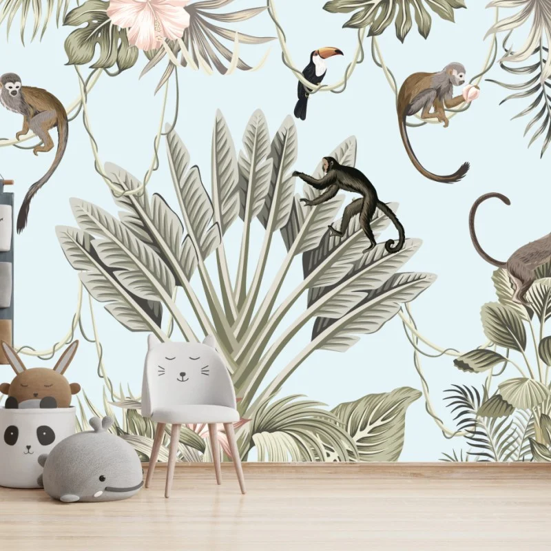 Wall mural pastel jungle animals pattern