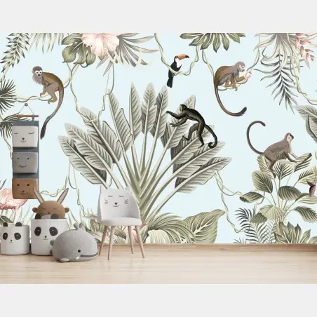 Wall mural pastel jungle animals pattern • Wallissimo®