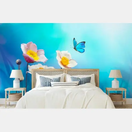 Wall mural delicate pink anemones and blue butterfly • Wallissimo®