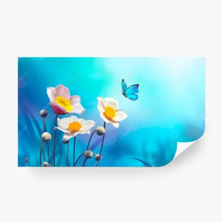 Wall mural delicate pink anemones and blue butterfly • Wallissimo®