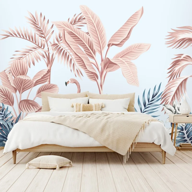 Wall mural pastel tropical flamingo garden