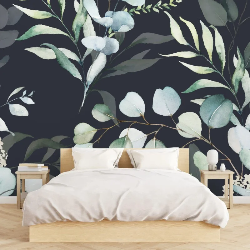 Wall mural eucalyptus watercolor botanical pattern on dark background