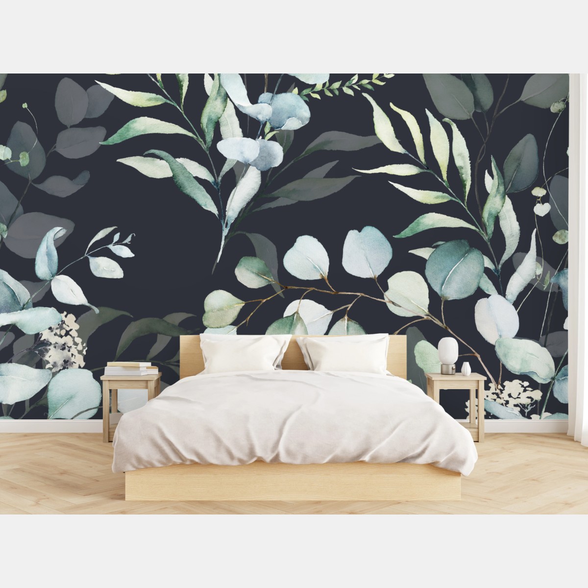Wall mural eucalyptus watercolor botanical pattern on dark background • Wallissimo®