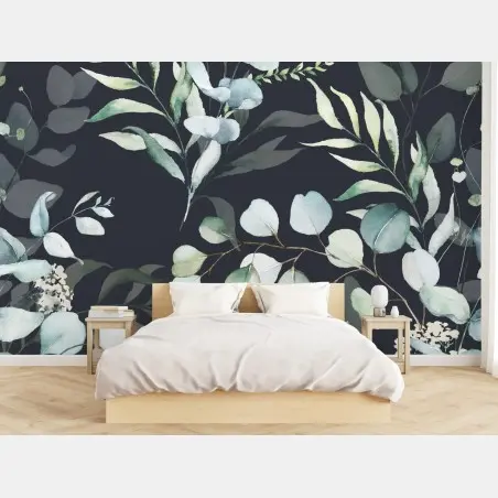 Wall mural eucalyptus watercolor botanical pattern on dark background • Wallissimo®
