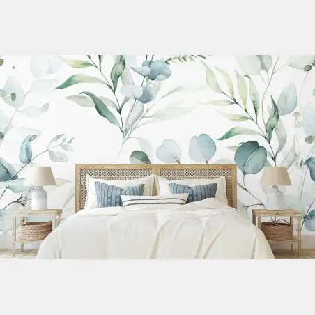 Wall mural watercolor eucalyptus leaves pattern • Wallissimo®