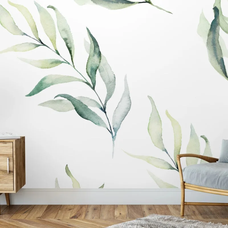 Wall mural soft watercolor eucalyptus leaves pattern