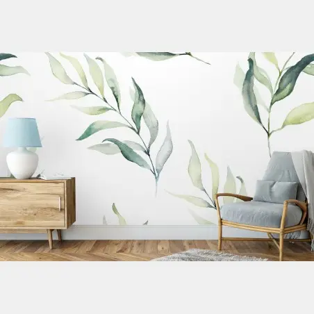Wall mural soft watercolor eucalyptus leaves pattern • Wallissimo®