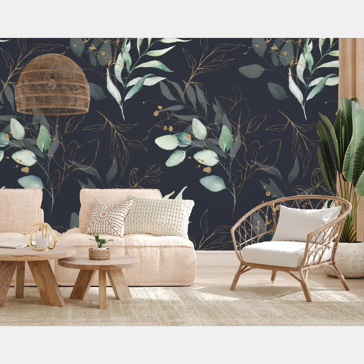 Wall mural watercolor eucalyptus leaves on dark background • Wallissimo®
