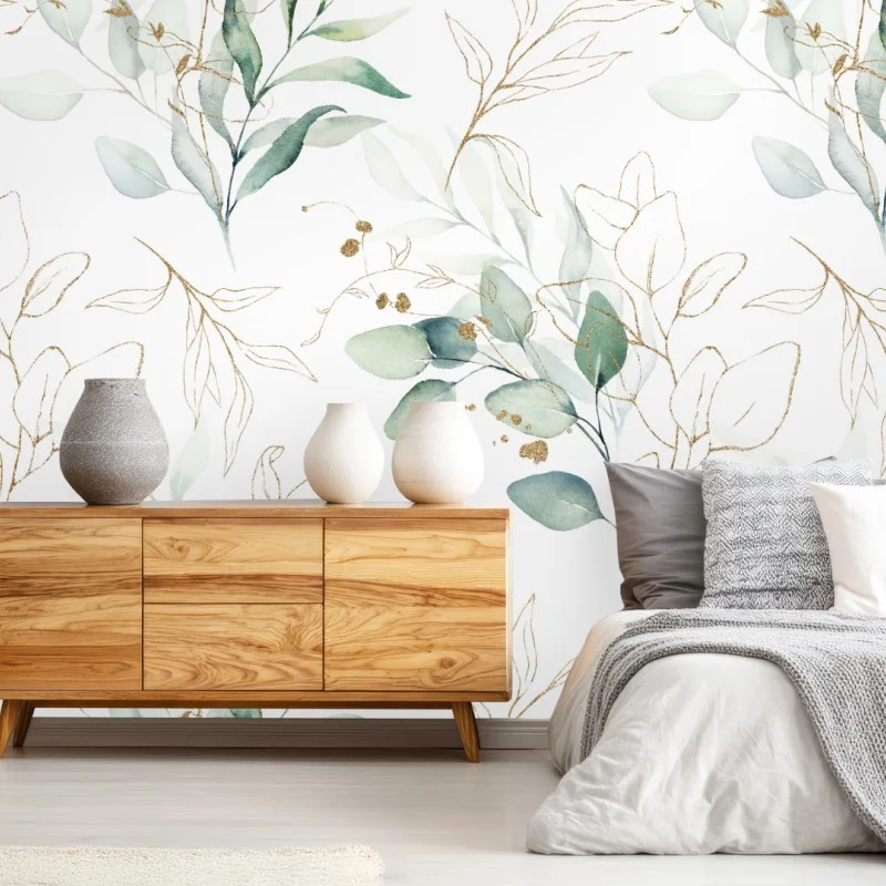 Wall mural soft eucalyptus watercolor leaves pattern