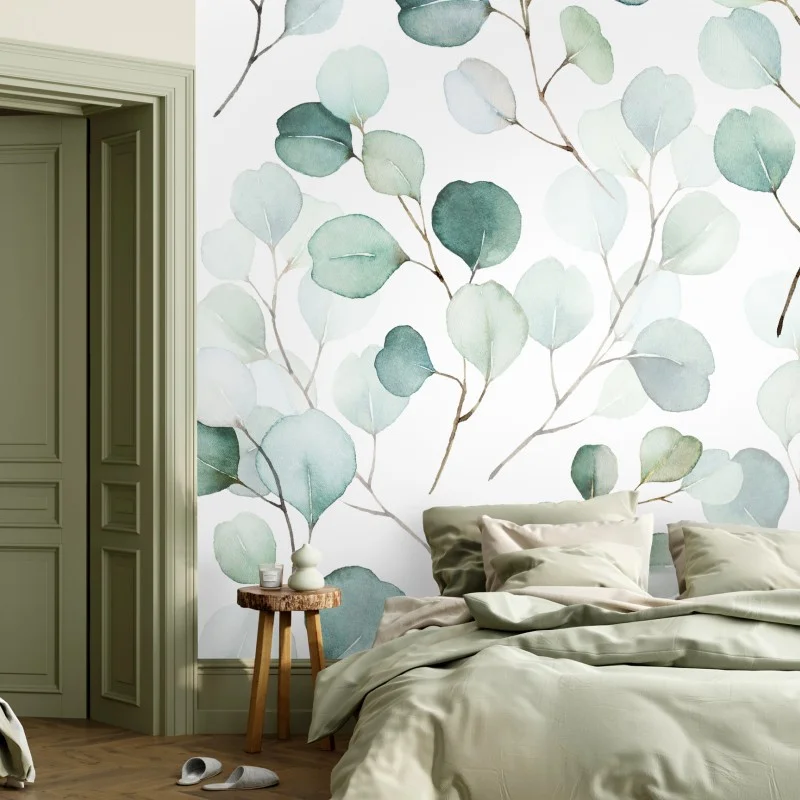 Wall mural soft eucalyptus watercolor leaves pattern