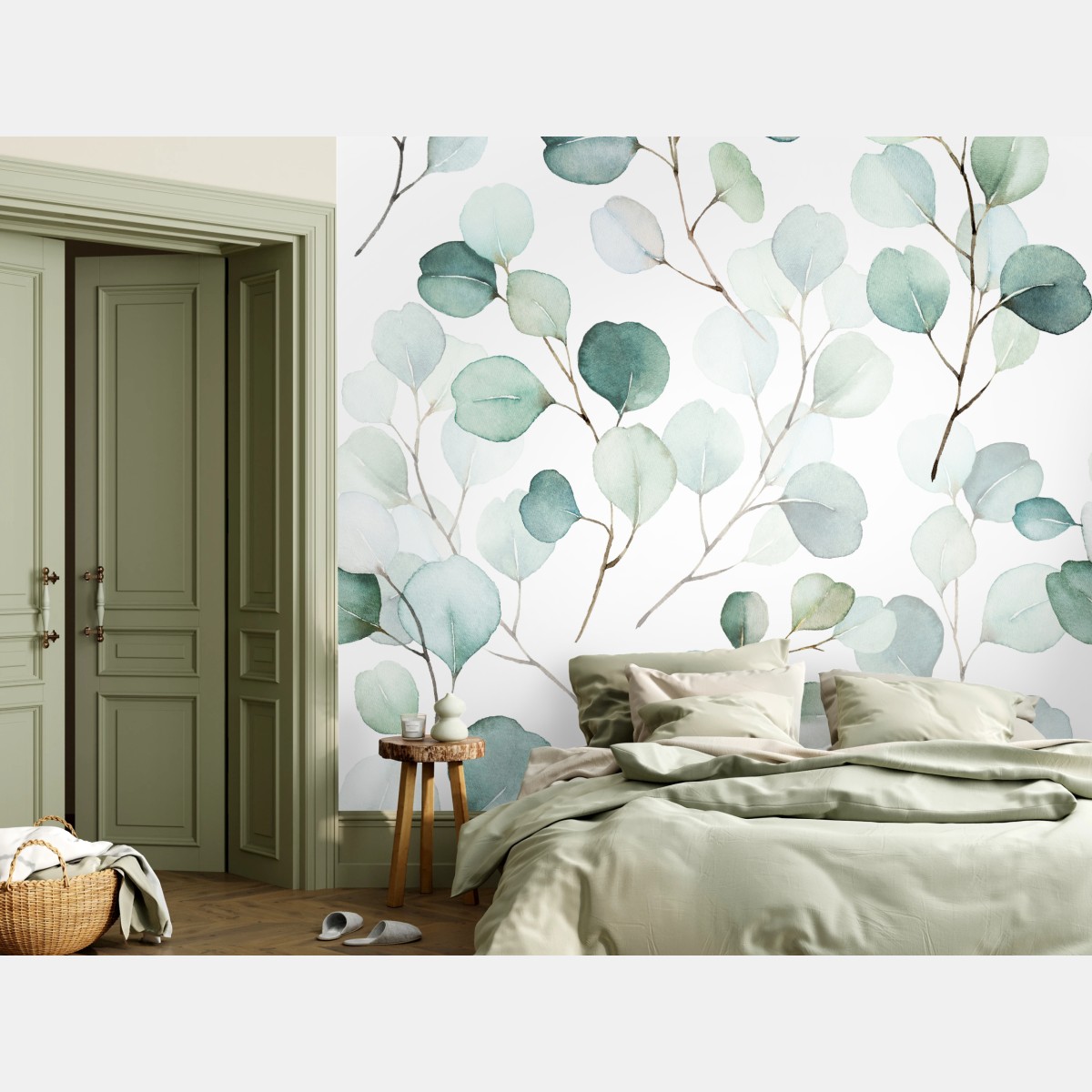 Wall mural soft eucalyptus watercolor leaves pattern • Wallissimo®