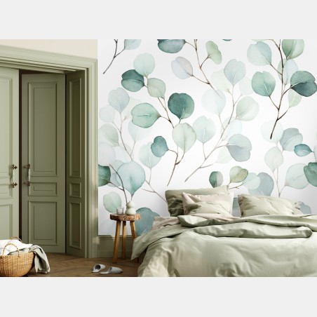 Wall mural soft eucalyptus watercolor leaves pattern • Wallissimo®