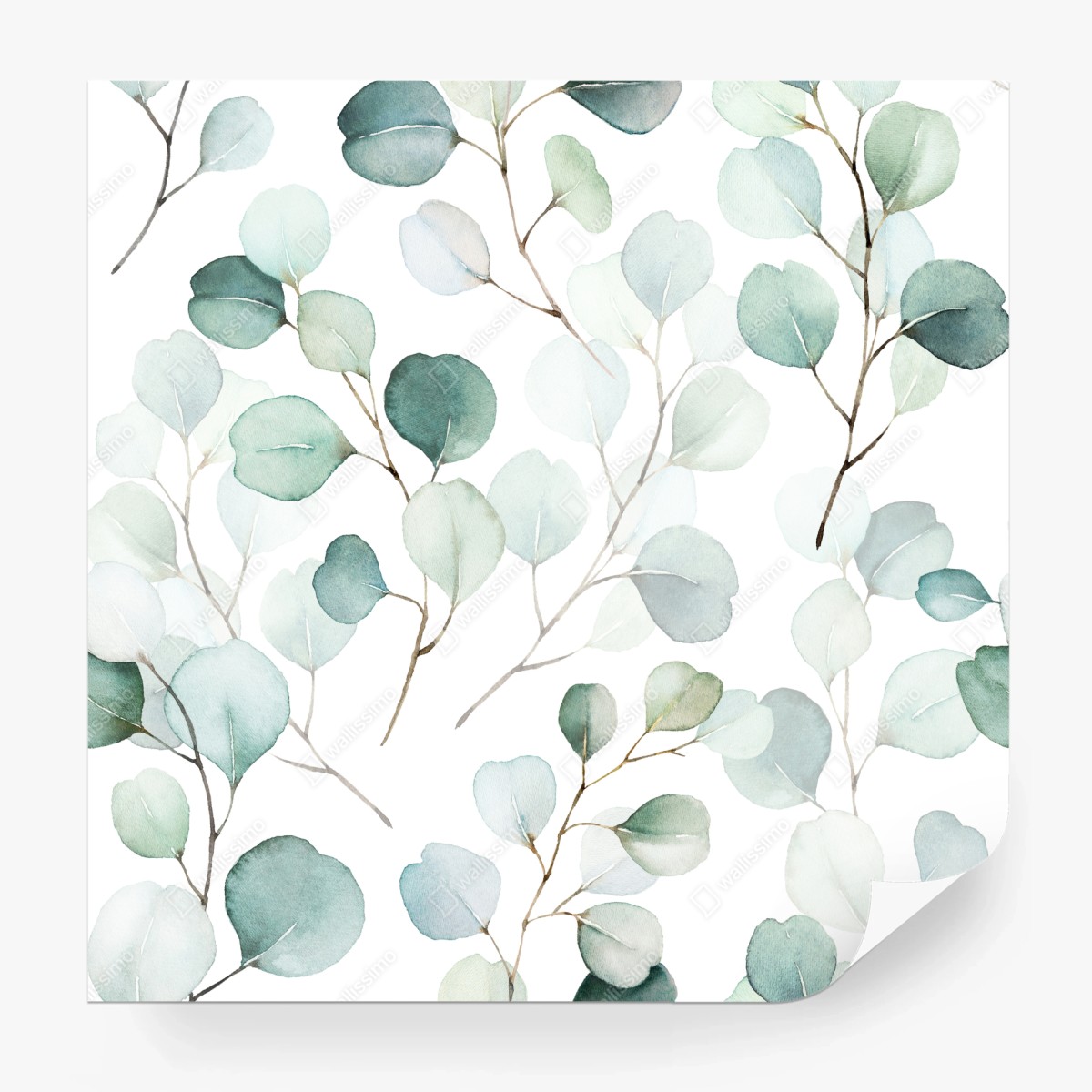 Wall mural soft eucalyptus watercolor leaves pattern • Wallissimo®
