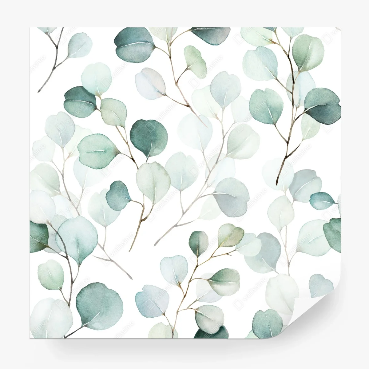 Wall mural soft eucalyptus watercolor leaves pattern • Wallissimo® Wall mural soft eucalyptus watercolor leaves pattern • Wallissimo®