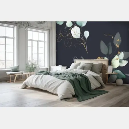 Wall mural eucalyptus watercolor leaves on dark background • Wallissimo®