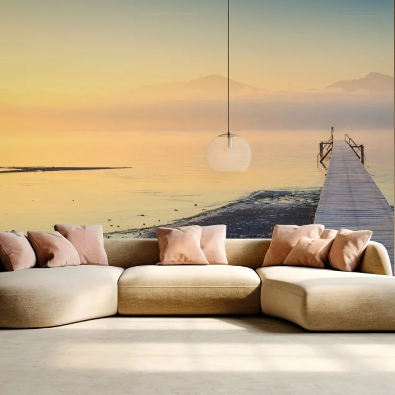 Wall mural misty sunrise over wooden pier