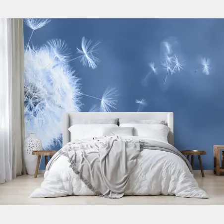 Wall mural gentle dandelion seeds in blue • Wallissimo®